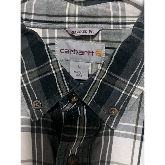 Carhartt Button Down Shirt Men’s Large Green Plaid Relaxed Fit Logo Workwear - Picture 2 of 5